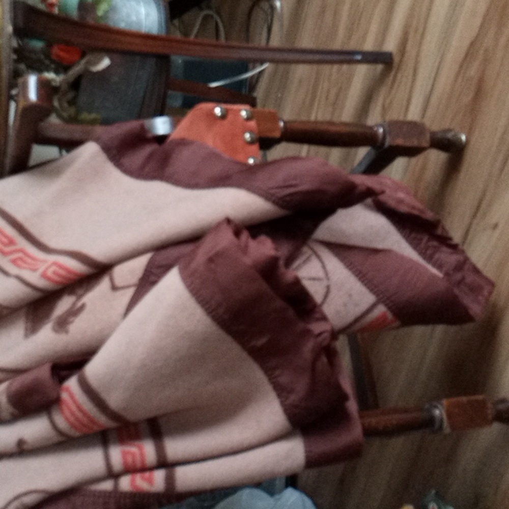 Vintage 70s PEACOCK Beige Heavy Woolen Blanket w Brown Satin Trim